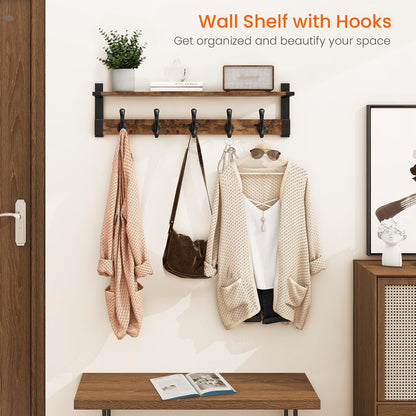 Homode Coat Rack Wall Mount, 29 Inch Long Shelf with Hooks, Wood Entryway Shelf with 5 Hangers for