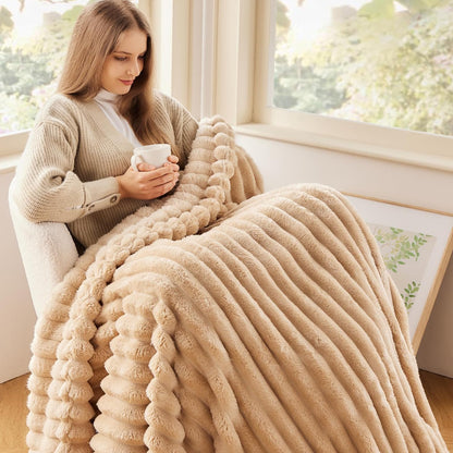 NEWCOSPLAY Super Soft Twin Blanket Brown Premium Silky Flannel Fleece 3D Ribbed Jacquard