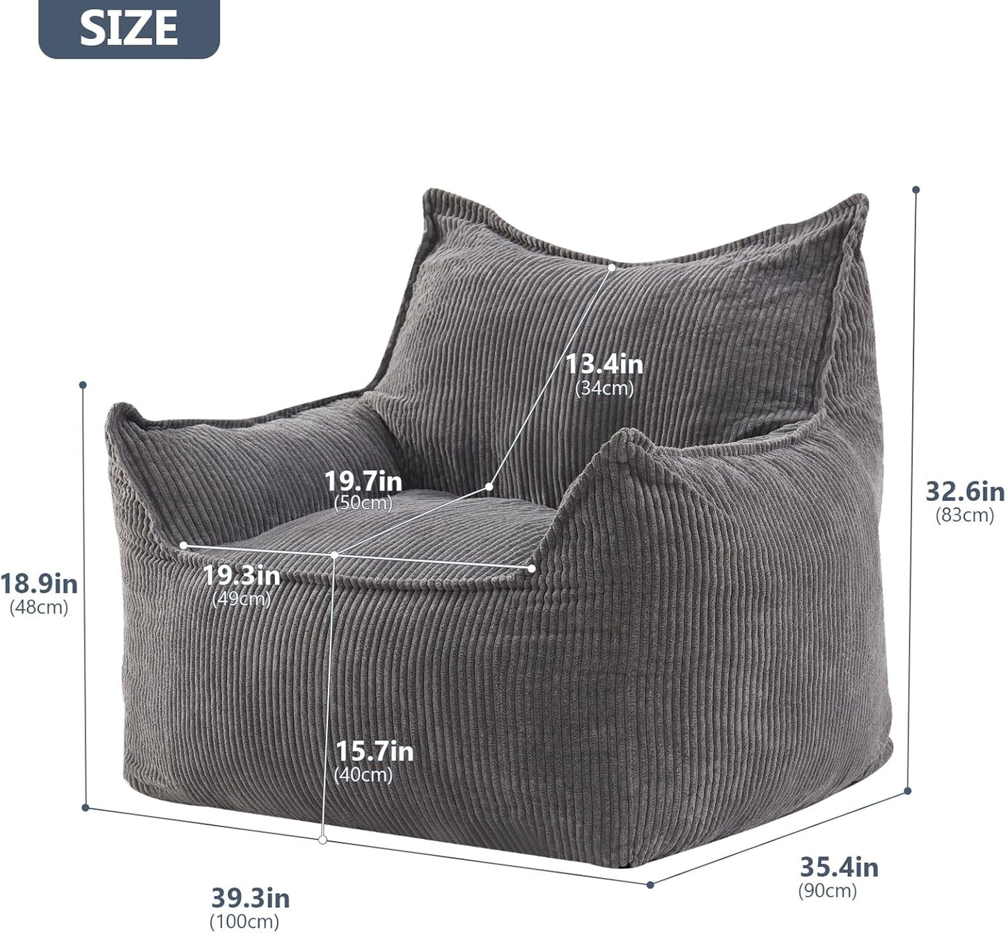 Giant Bean Bag Chair Sofa for Adults Teens, Comfy Corduroy Large Bean Bag Chairs with Armrests for
