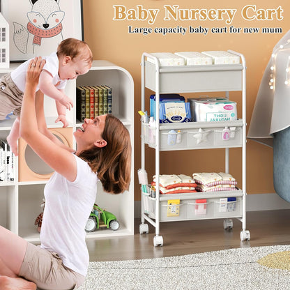 3-Tier Baby Diaper Caddy Cart Organizer,Mobile Nursery Organization with Wheels,with 2 Dividers &