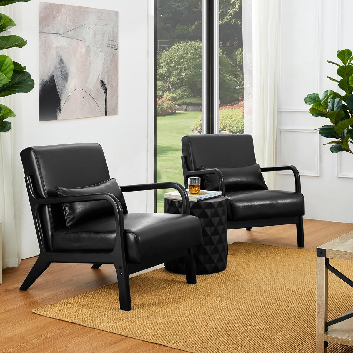 Glitzhome 2 Set Mid Century Black Accent Armchair, Single Reading Armchair PU Leather Lounge Chair