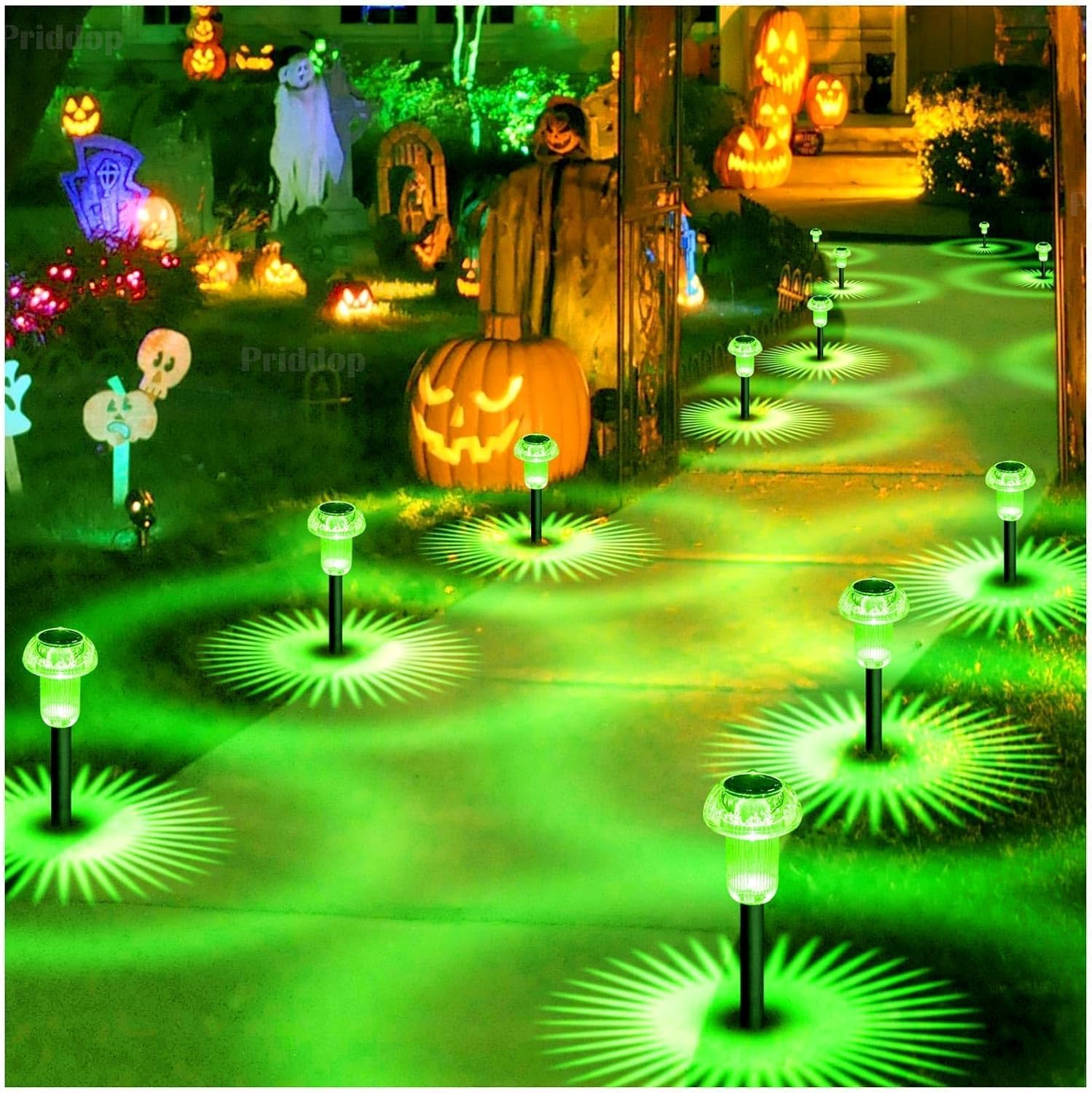 Halloween Solar Lights Outdoor 8 Pack Green LED Waterproof Mushroom Outside Lights for Yard Garden