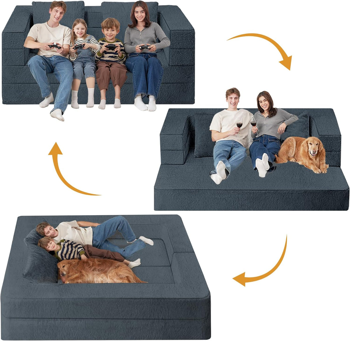 Folding Bean Bag Chair for Adults,3-in-1 Bean Bag Couch Faux Fur Floor Sofa Large Beanbag