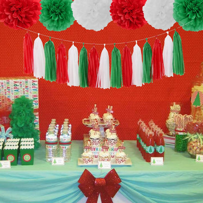 Red-Green White Christmas Party-Decorations Tassel-Garland -15pcs Mexico Italy Tassels Banner