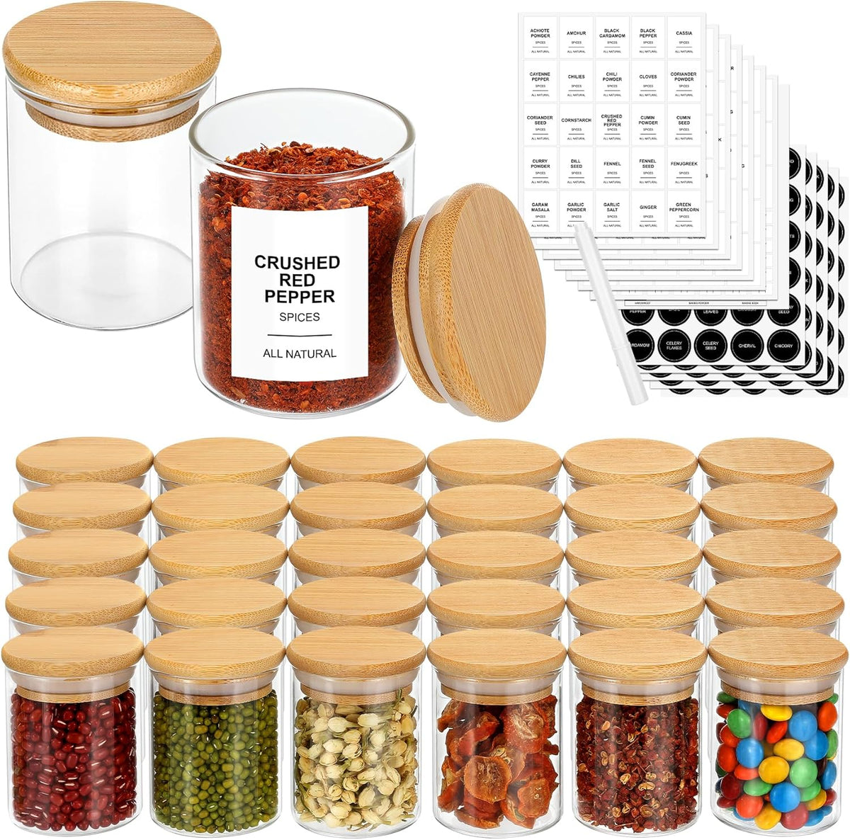 4OZ Glass Spice Jars with Bamboo Lids and 315 Labels, 32 Pcs Clear Food Storage Containers for
