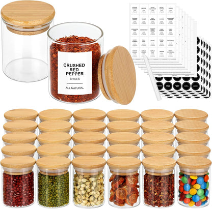 4OZ Glass Spice Jars with Bamboo Lids and 315 Labels, 32 Pcs Clear Food Storage Containers for