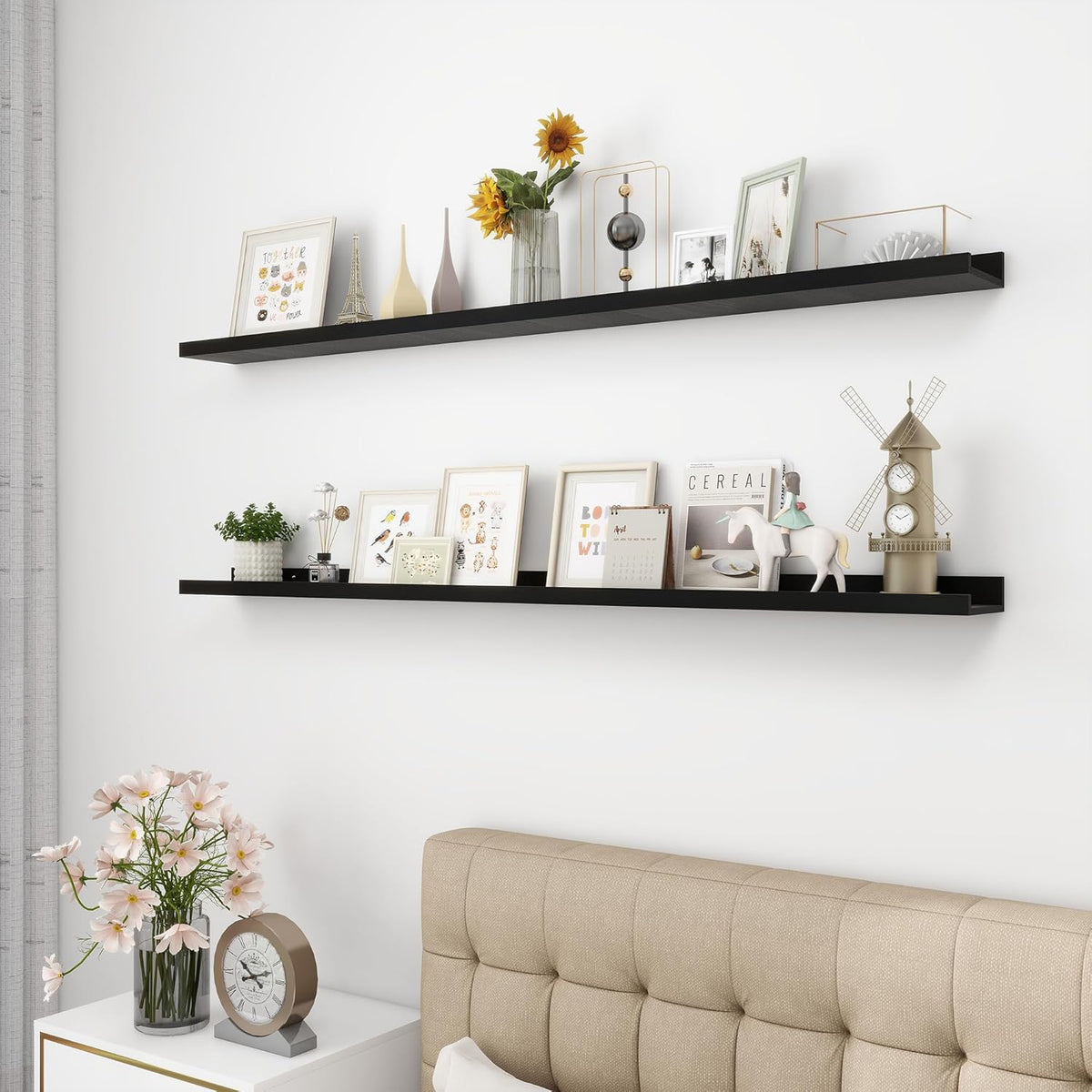 Picture Ledge Shelf, Wood Long Floating Shelves for Wall, Set of 2, 56 inch Picture Ledge Shelves