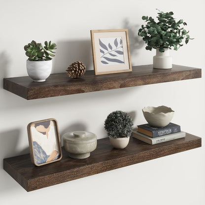 RICHFOCUS Elm Floating Shelves for Wall - 36" W x 9.3" D Rustic Solid Wood Shelves with Invisible