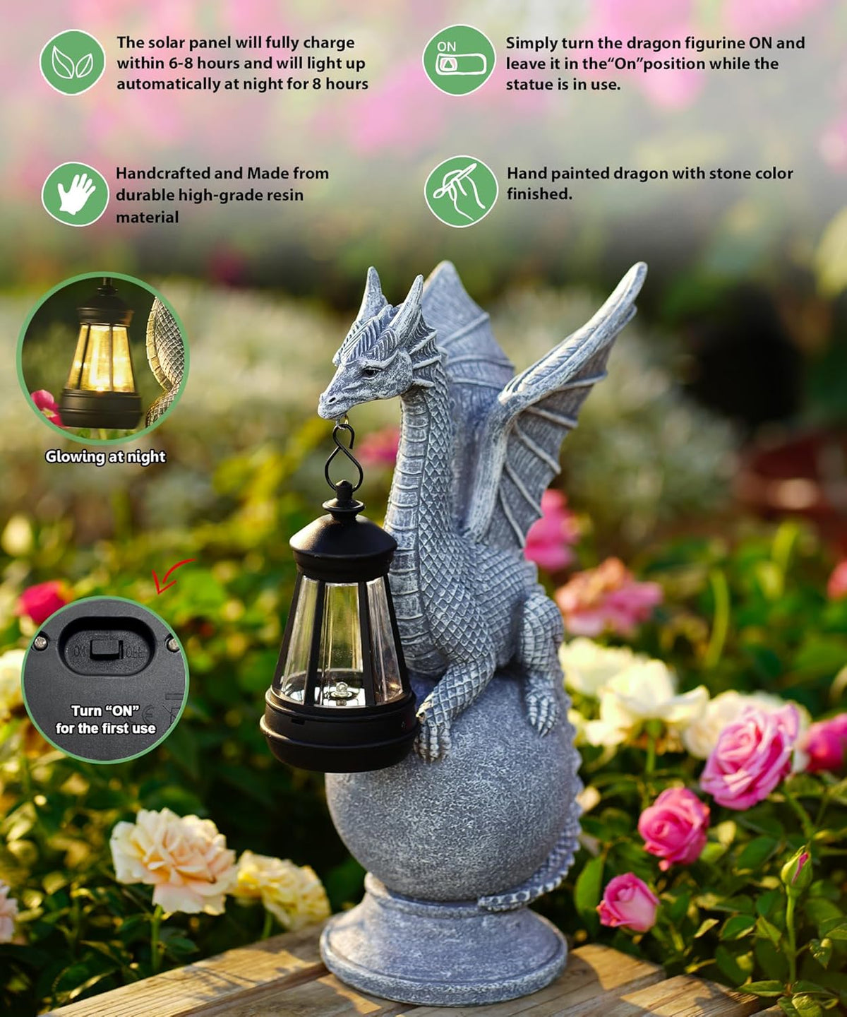 Qeeman Dragon on Ball with Solar Lantern Statues: Garden Decor Outdoor Decorations Art Figurine for