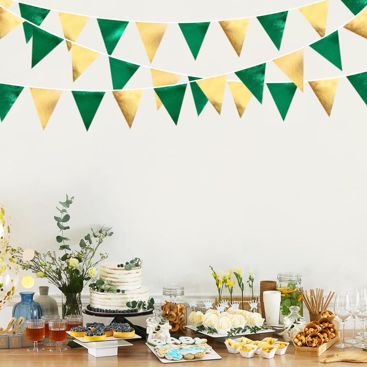 Green Gold Party Decorations Metallic Fabric Triangle Pennant Banner Flag Bunting Garland for