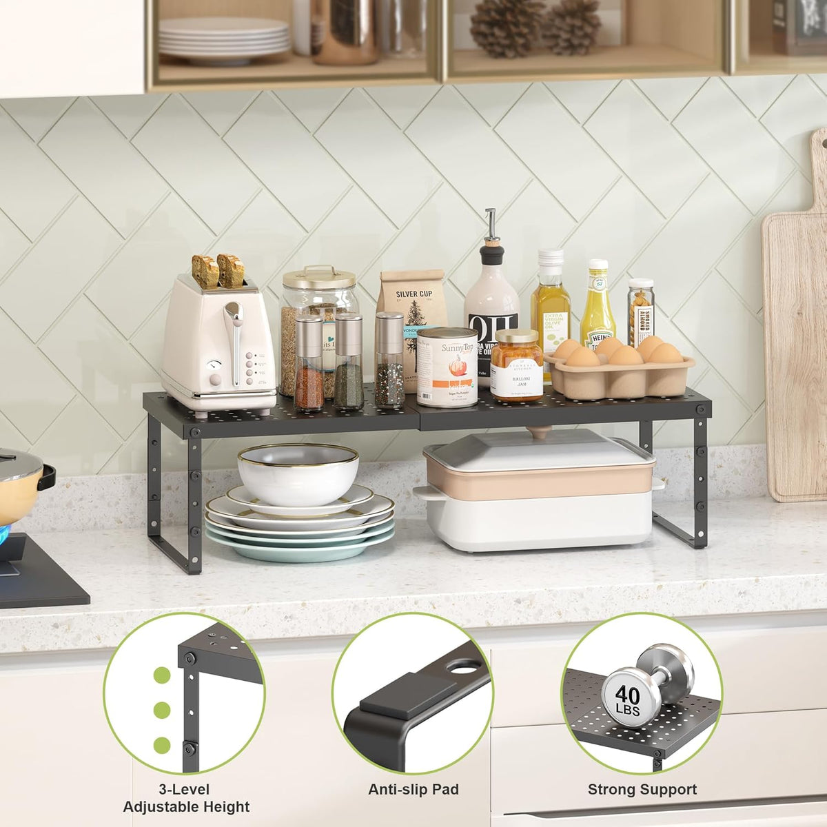 Expandable Cabinet Organizer Shelf With Adjustable Height, Stackable Kitchen Countertop Organizer