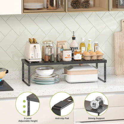 Expandable Cabinet Organizer Shelf With Adjustable Height, Stackable Kitchen Countertop Organizer