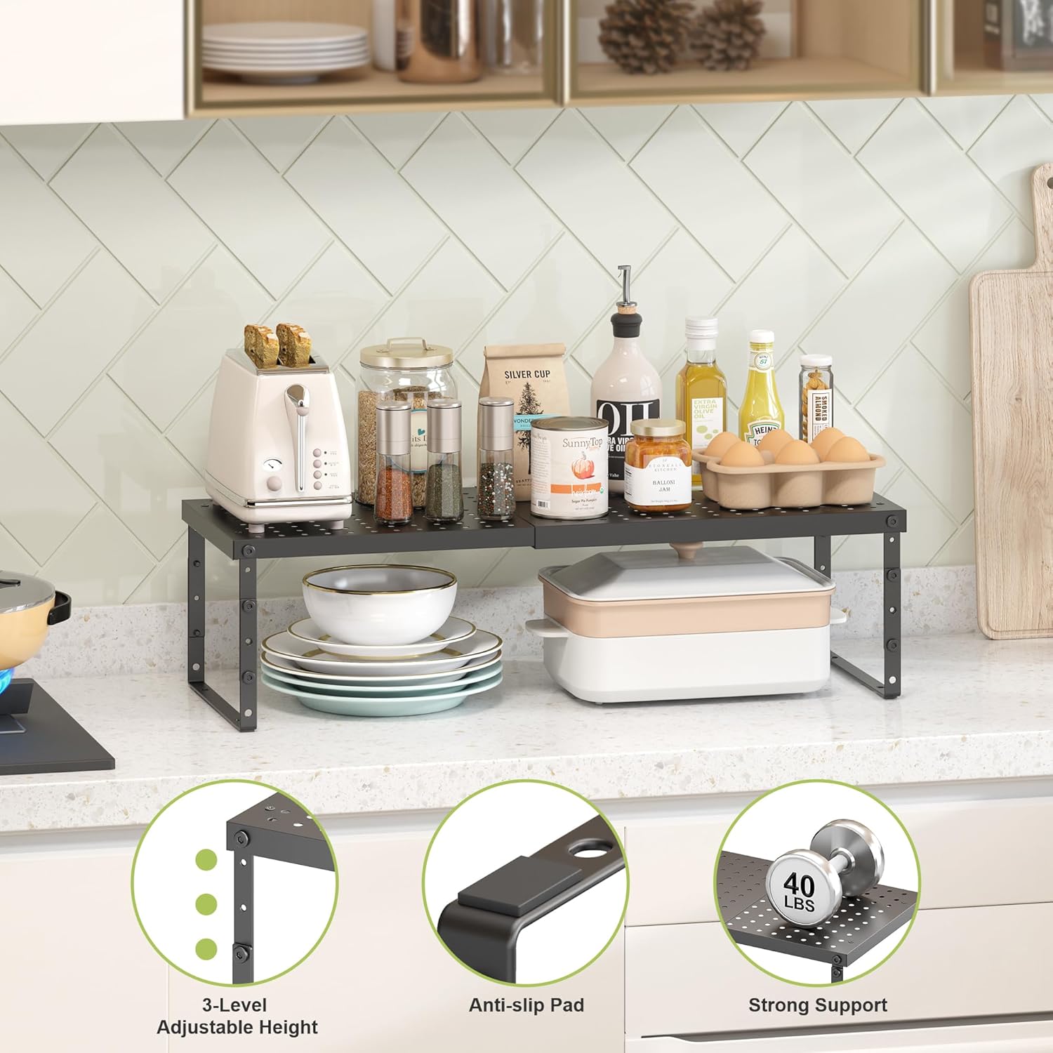 Expandable Cabinet Organizer Shelf With Adjustable Height, Stackable Kitchen Countertop Organizer