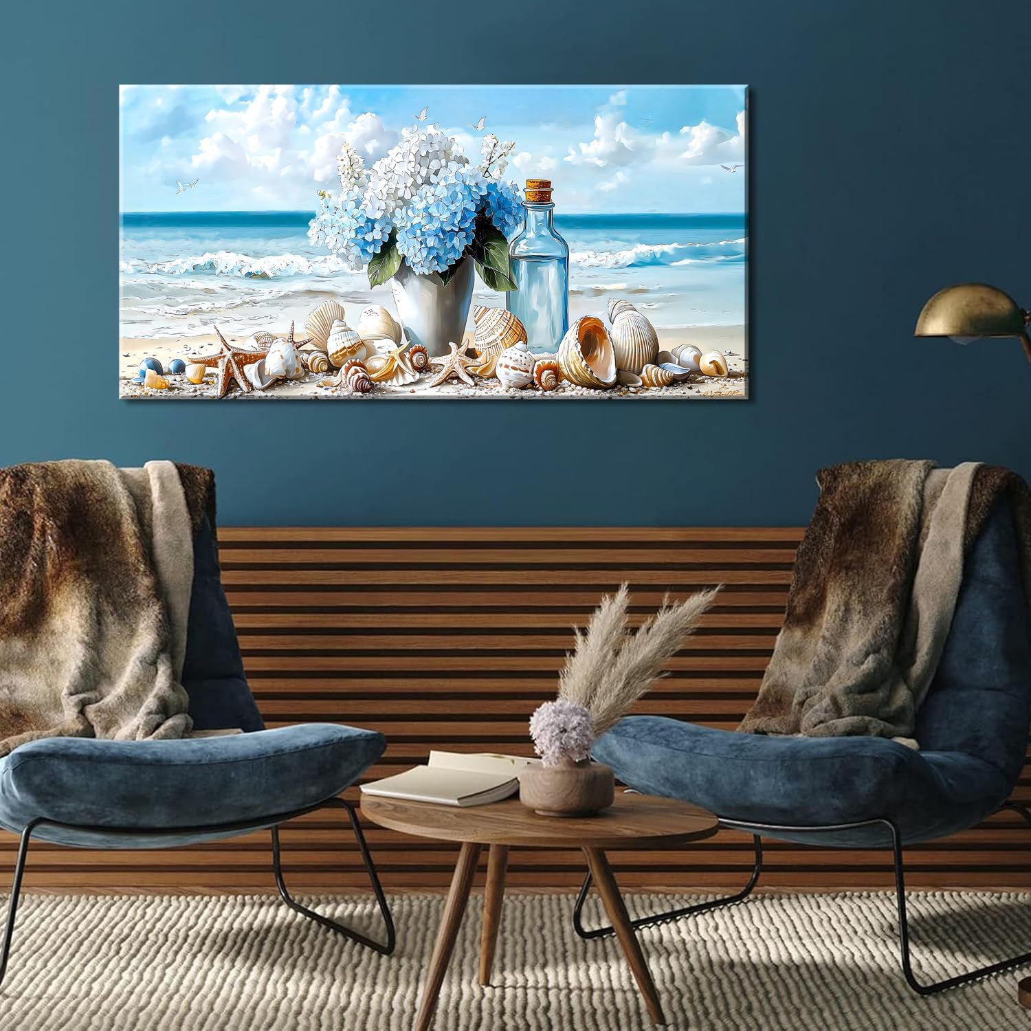 LASMOND Romantic Beach Wall Art for Living Room Blue Shells Conch Vase Canvas Prints Modern Large
