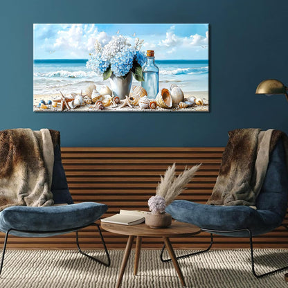 LASMOND Romantic Beach Wall Art for Living Room Blue Shells Conch Vase Canvas Prints Modern Large