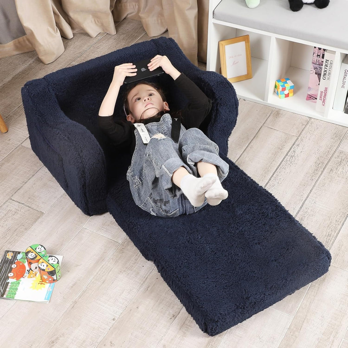 Kids Chairs for Toddler, 2-in-1 Toddler Soft Sherpa Couch Fold Out, Convertible Sofa to Lounger for