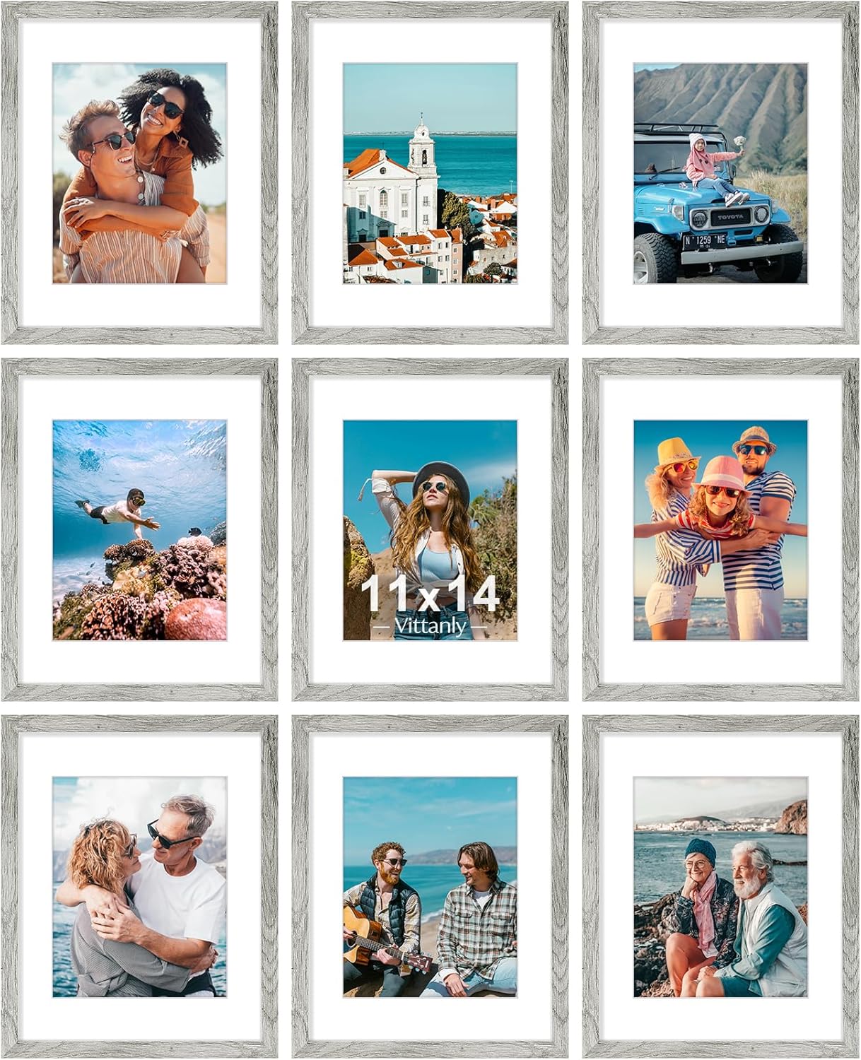 Vittanly 11x14 Picture Frames Set of 9, Shatter Resistant Plexiglass, Display 8x10 Pictures with