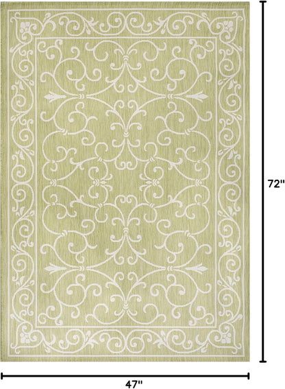 JONATHAN Y Vintage Filigree Indoor Outdoor Area Rug 4X6 Green/Cream, Charleston Textured Weave for