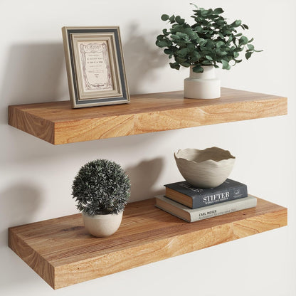 RICHFOCUS Elm Floating Shelves for Wall - 24" W x 9.3" D Rustic Solid Wood Shelves with Invisible