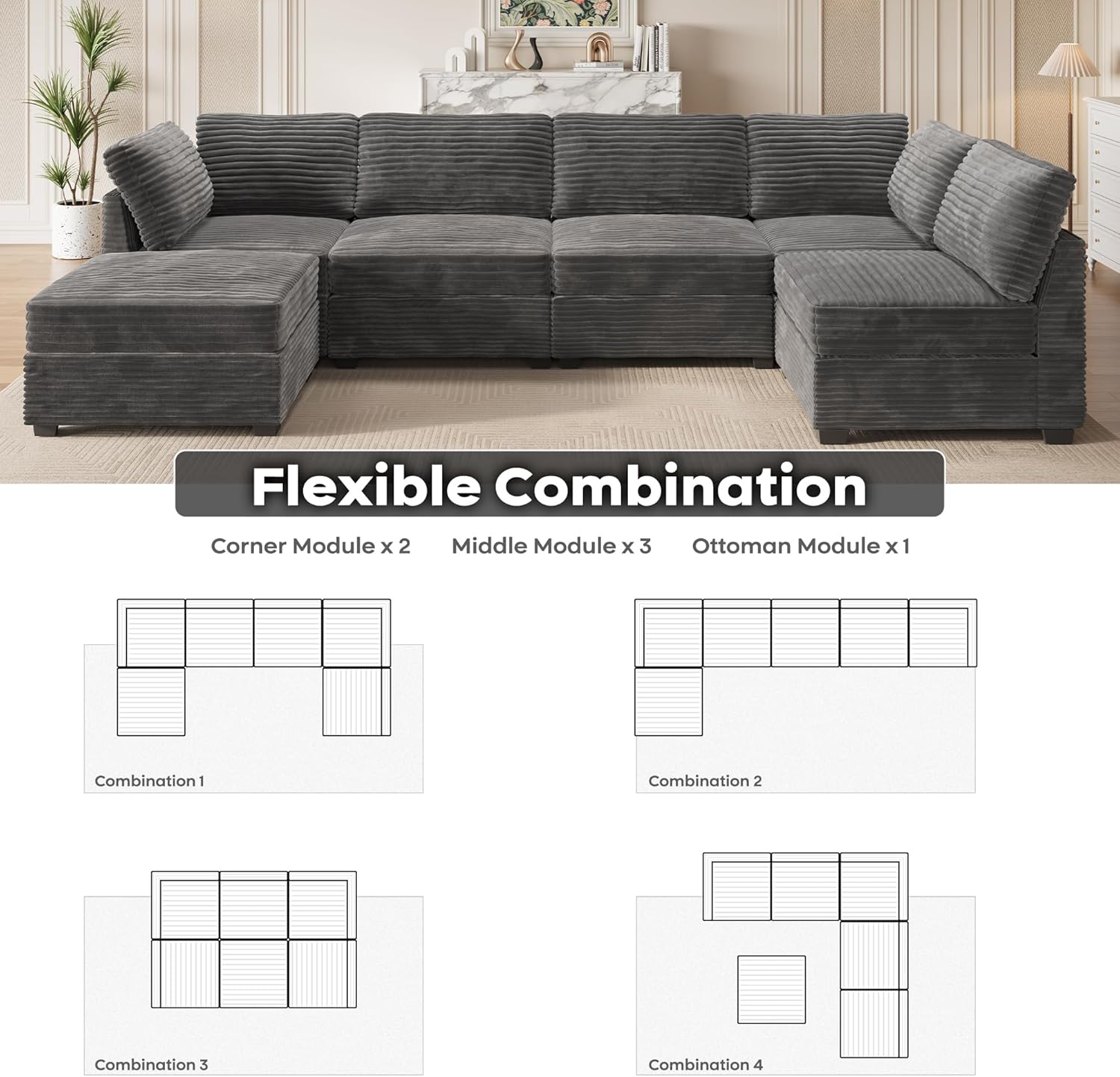 ovios Sectional Sofa Couch with U-Shape Chaise Sofa Bed, Comfy Modular Cloud Couches with Deep