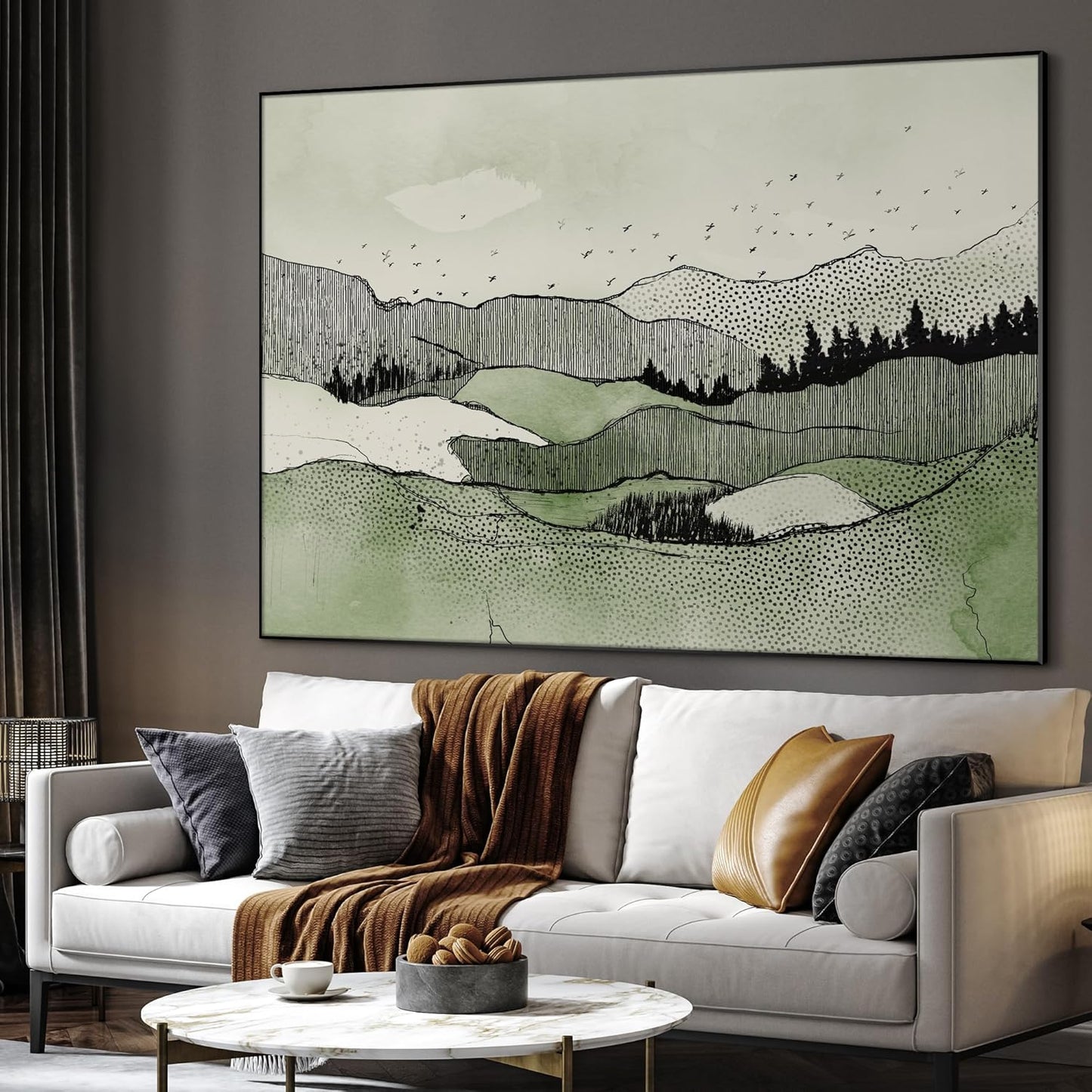 SIGNWIN 60"x72" Extra Large Framed Wall Art Green Line Art Mountain Landscape Illustration for Home