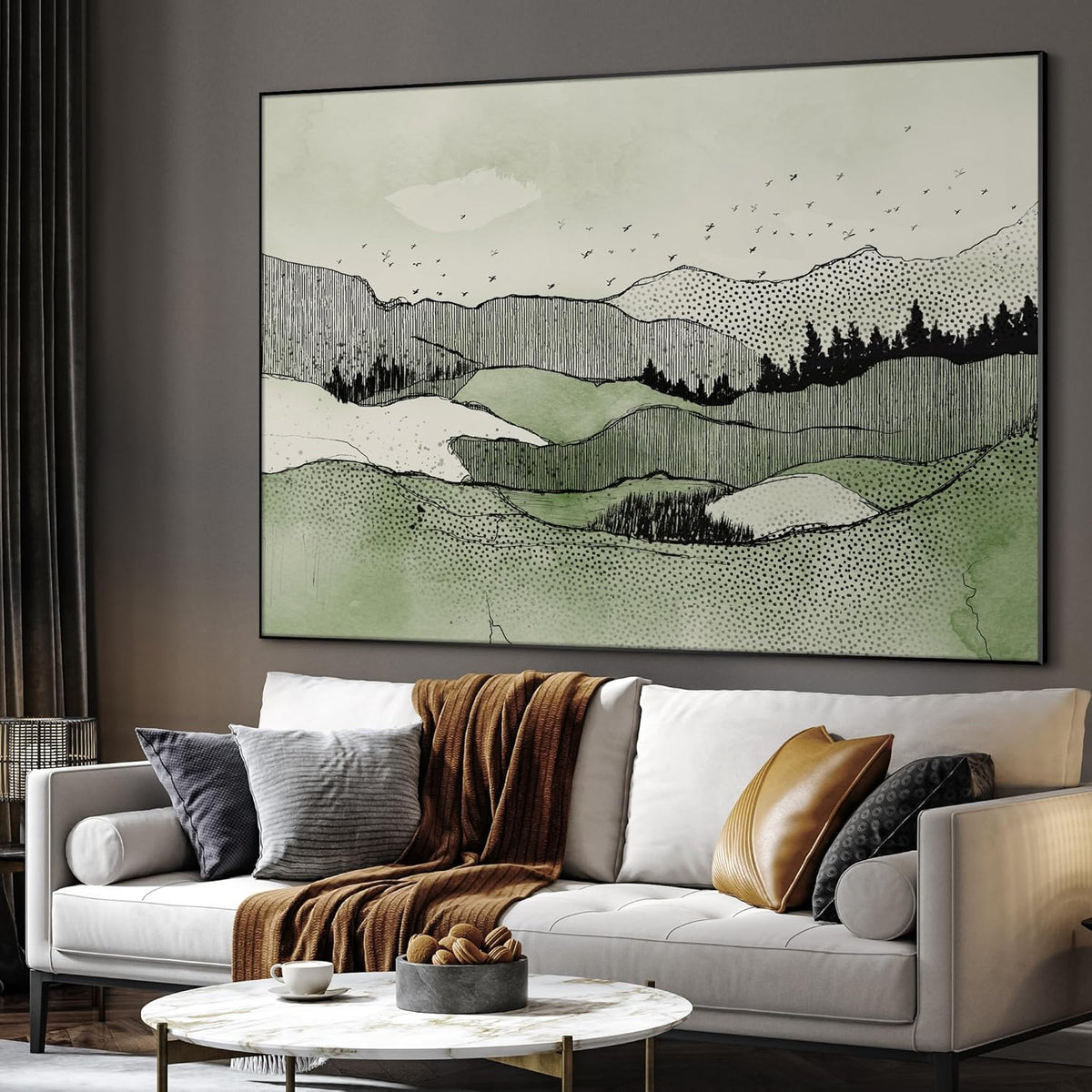 SIGNWIN 46"x60" Extra Large Framed Wall Art Green Line Art Mountain Landscape Illustration for Home