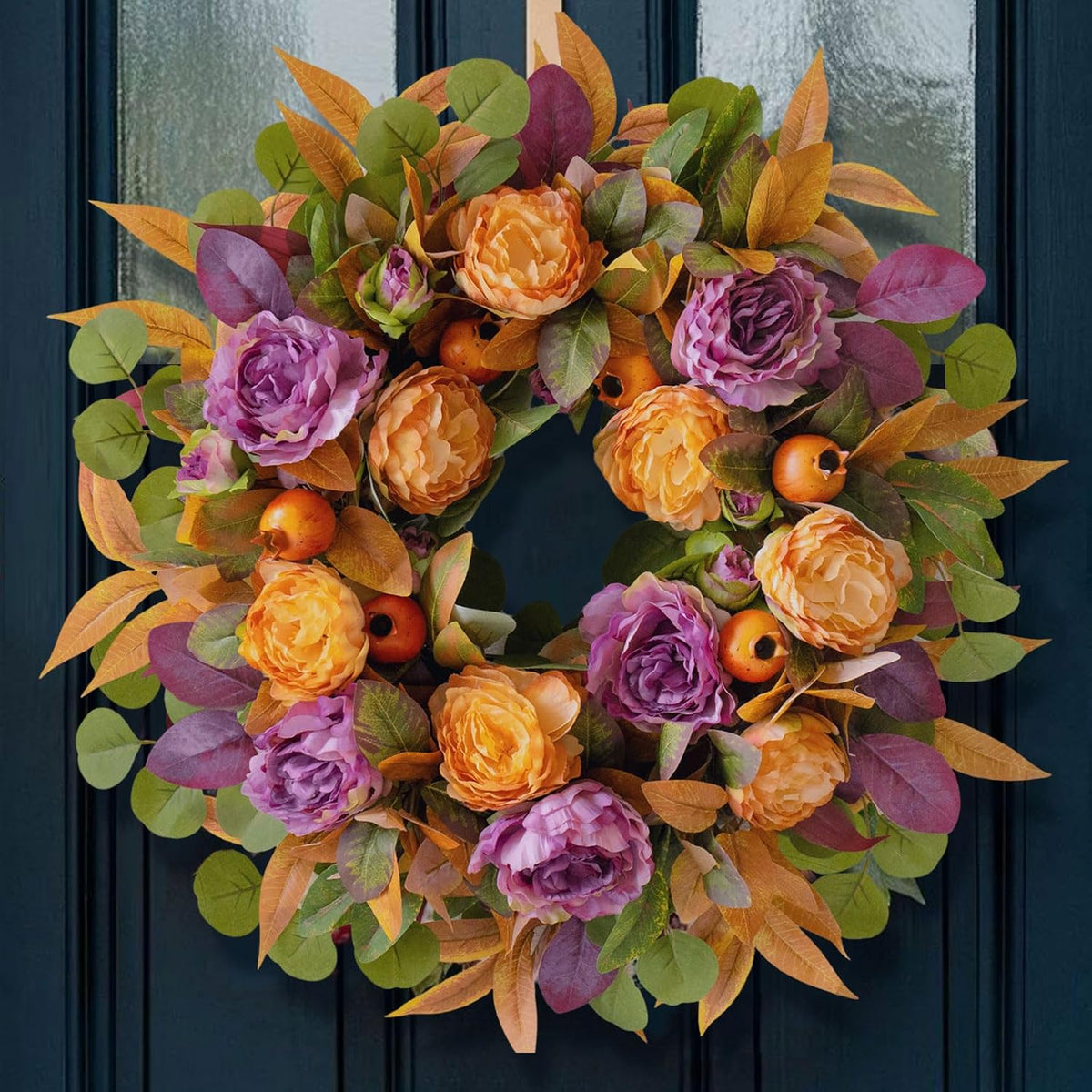 24 Inch Fall Wreath for Front Door - Autumn Wreath with Peony, Maple Leaves, Berries - Farmhouse