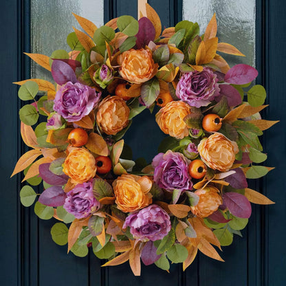 24 Inch Fall Wreath for Front Door - Autumn Wreath with Peony, Maple Leaves, Berries - Farmhouse