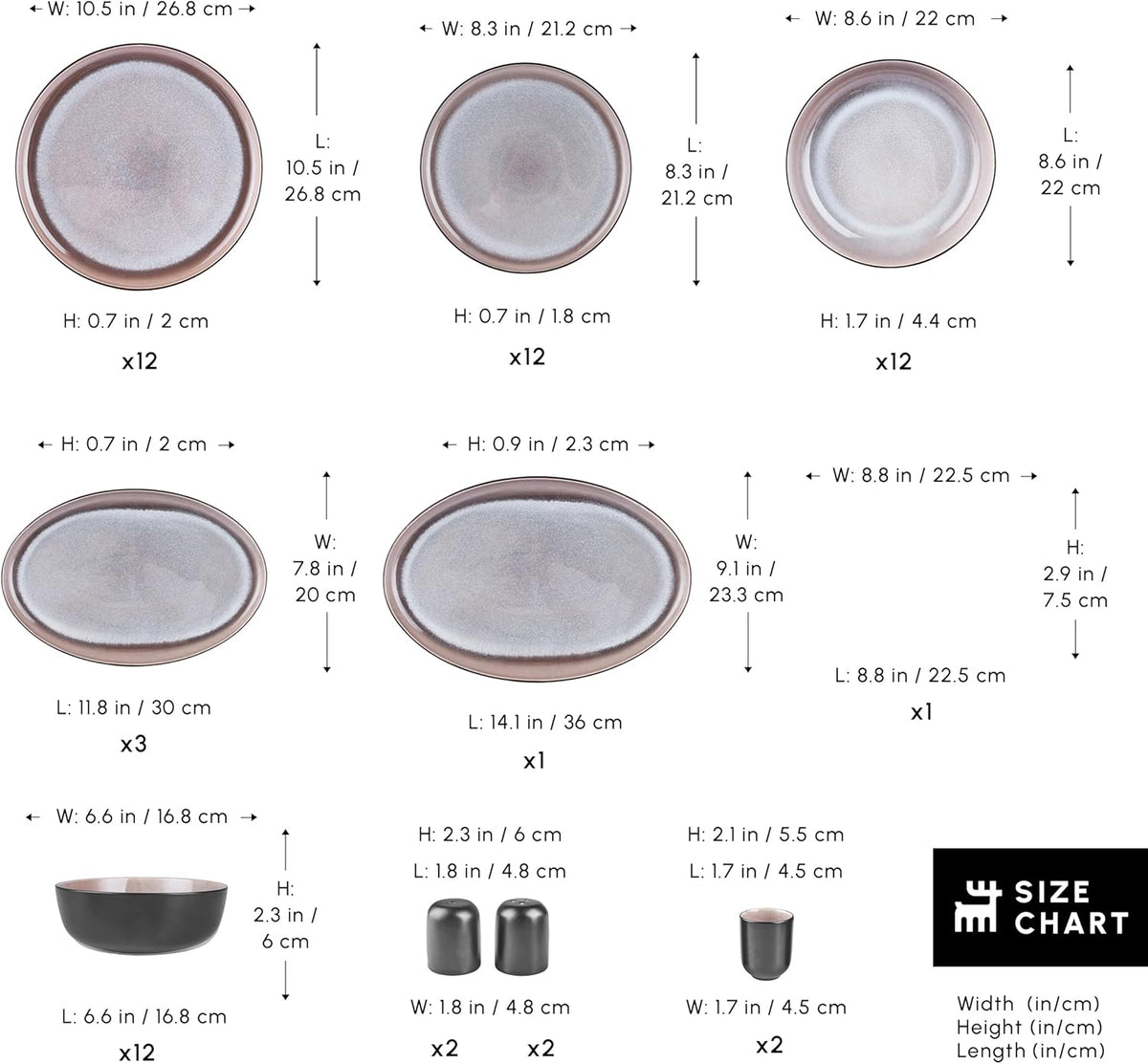 Karaca Mercure 59 Piece Stoneware Plates and Bowls Set, Reactive Glaze Black Dinner Set, Complete