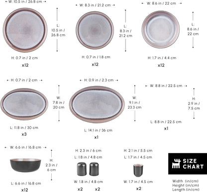 Karaca Mercure 59 Piece Stoneware Plates and Bowls Set, Reactive Glaze Black Dinner Set, Complete