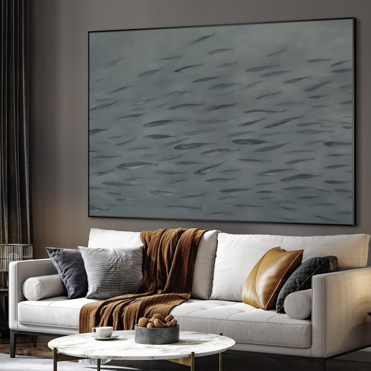 SIGNWIN 46"x60" Extra Large Framed Wall Art Gray School of Fish Minimalist Ocean-Inspired Marine