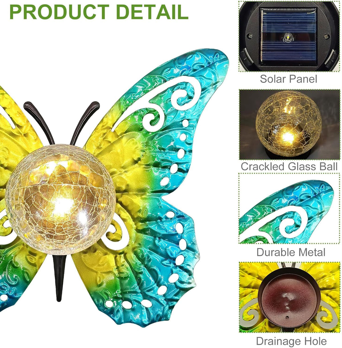 Solar Lights Outdoor Garden Butterfly Decor, Metal Butterfly Statue Decoration with LED Crackle