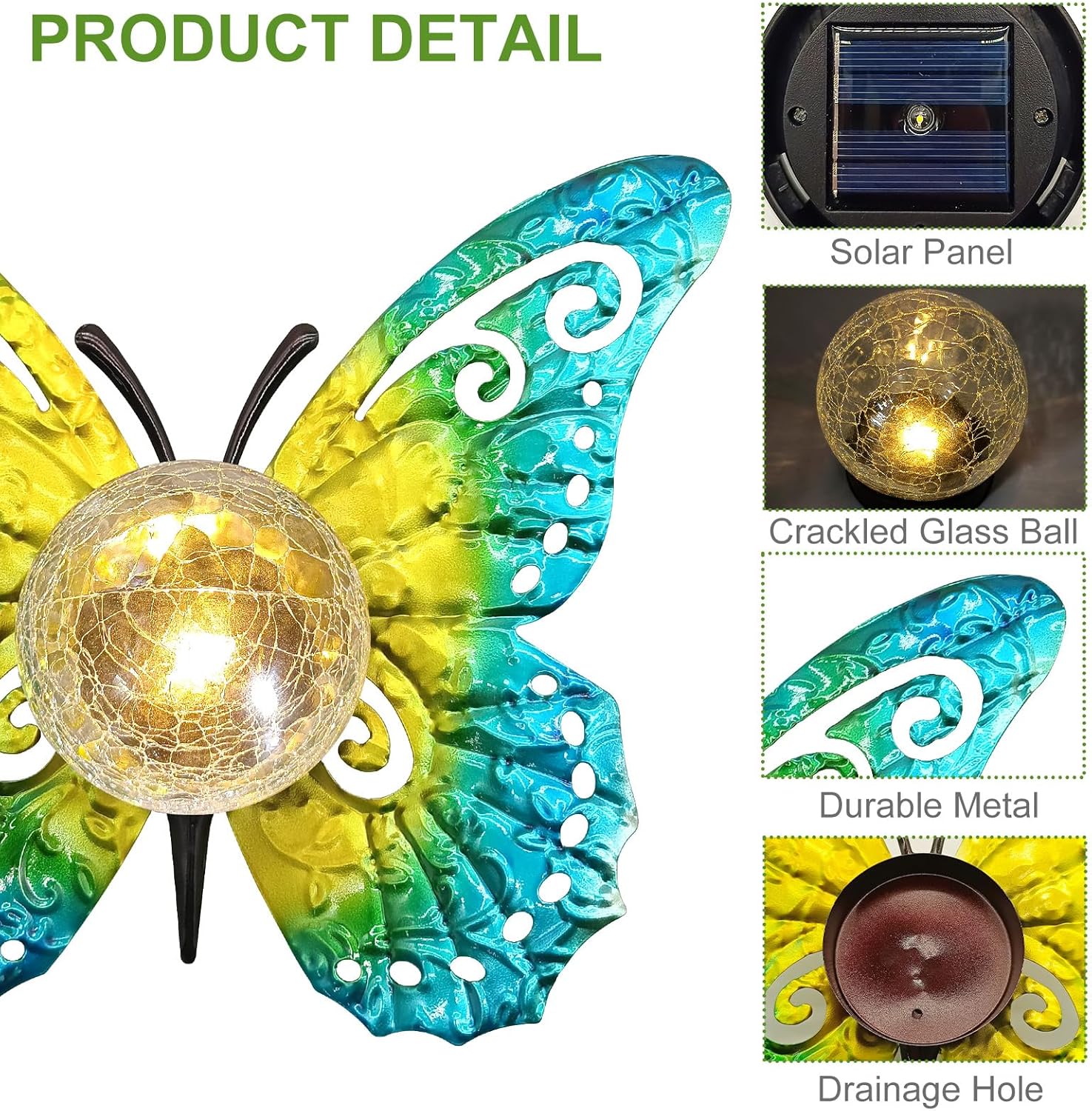 Solar Lights Outdoor Garden Butterfly Decor, Metal Butterfly Statue Decoration with LED Crackle