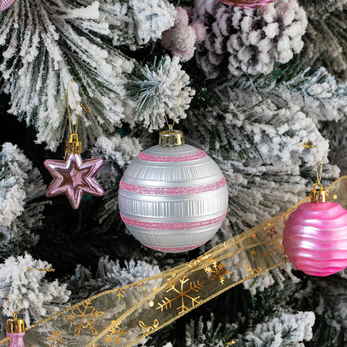 150PCS Pink and Silver Christmas Ornaments, Shatterproof Christmas Ball Ornaments Set, Assorted