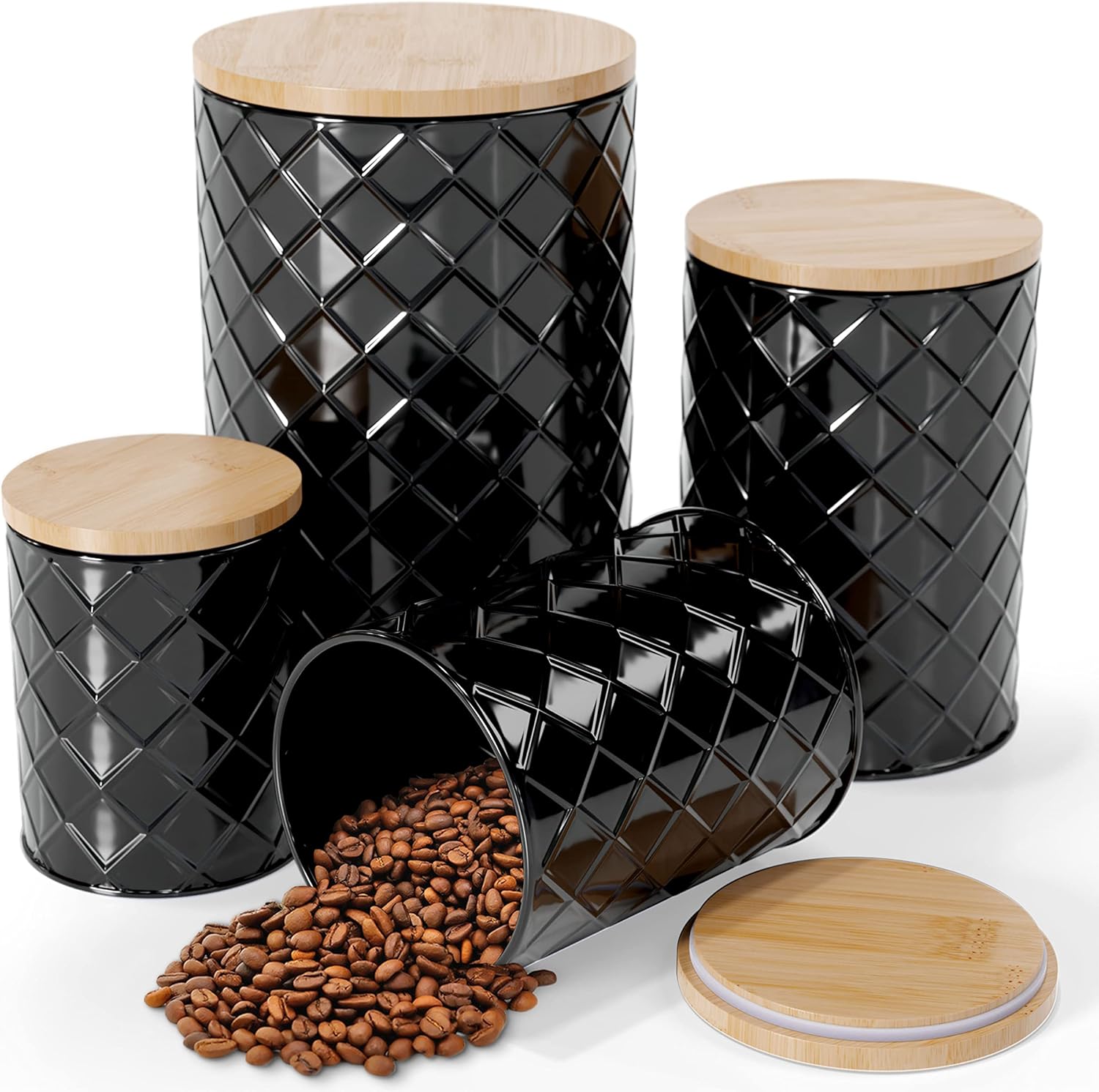 Pebble & Stem® Black Metal Canister Set for the Kitchen Counter, Food Canister Set of 4, Airtight