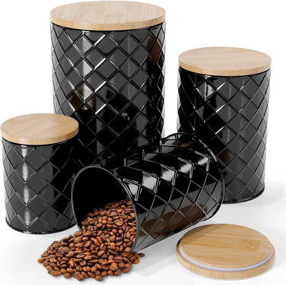 Pebble & Stem® Black Metal Canister Set for the Kitchen Counter, Food Canister Set of 4, Airtight