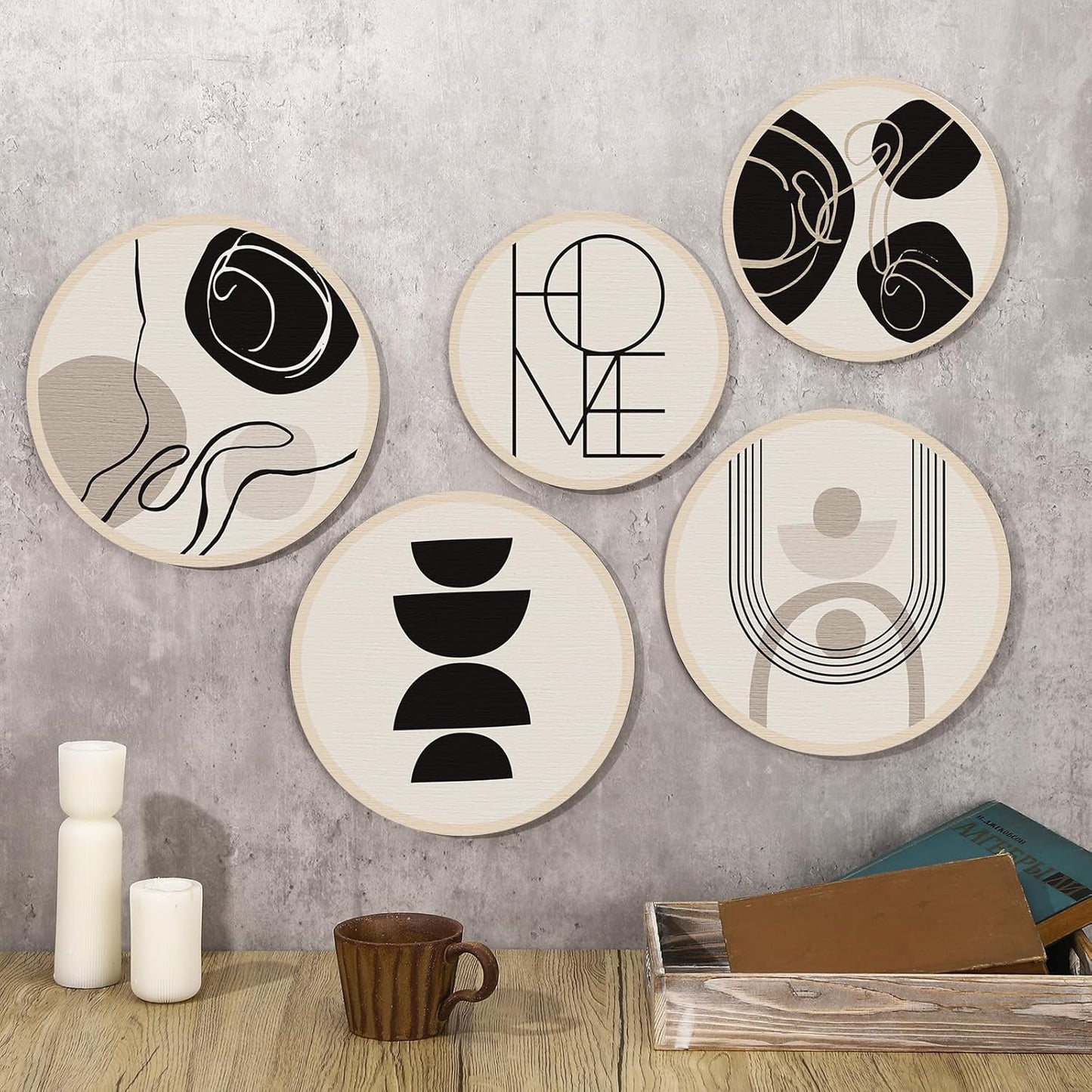 Qunclay 5 Pcs Wall Art Decor Wooden Living Room Wall Decor Bohemian Hanging Farmhouse Geometric