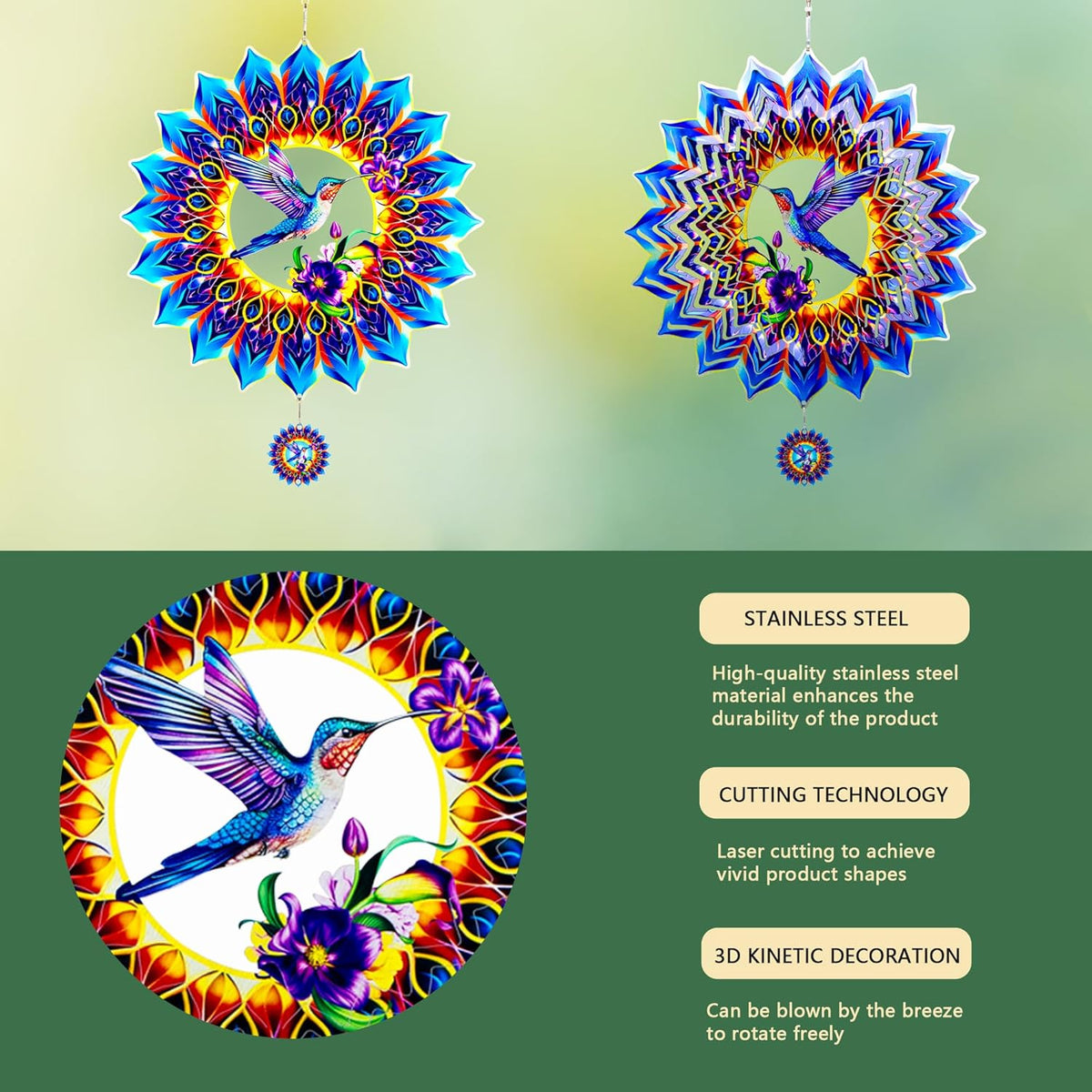 Hummingbird Wind Spinner,Hanging Wind Spinners Outdoor for Garden Decoration，12 inch 3D Stainless