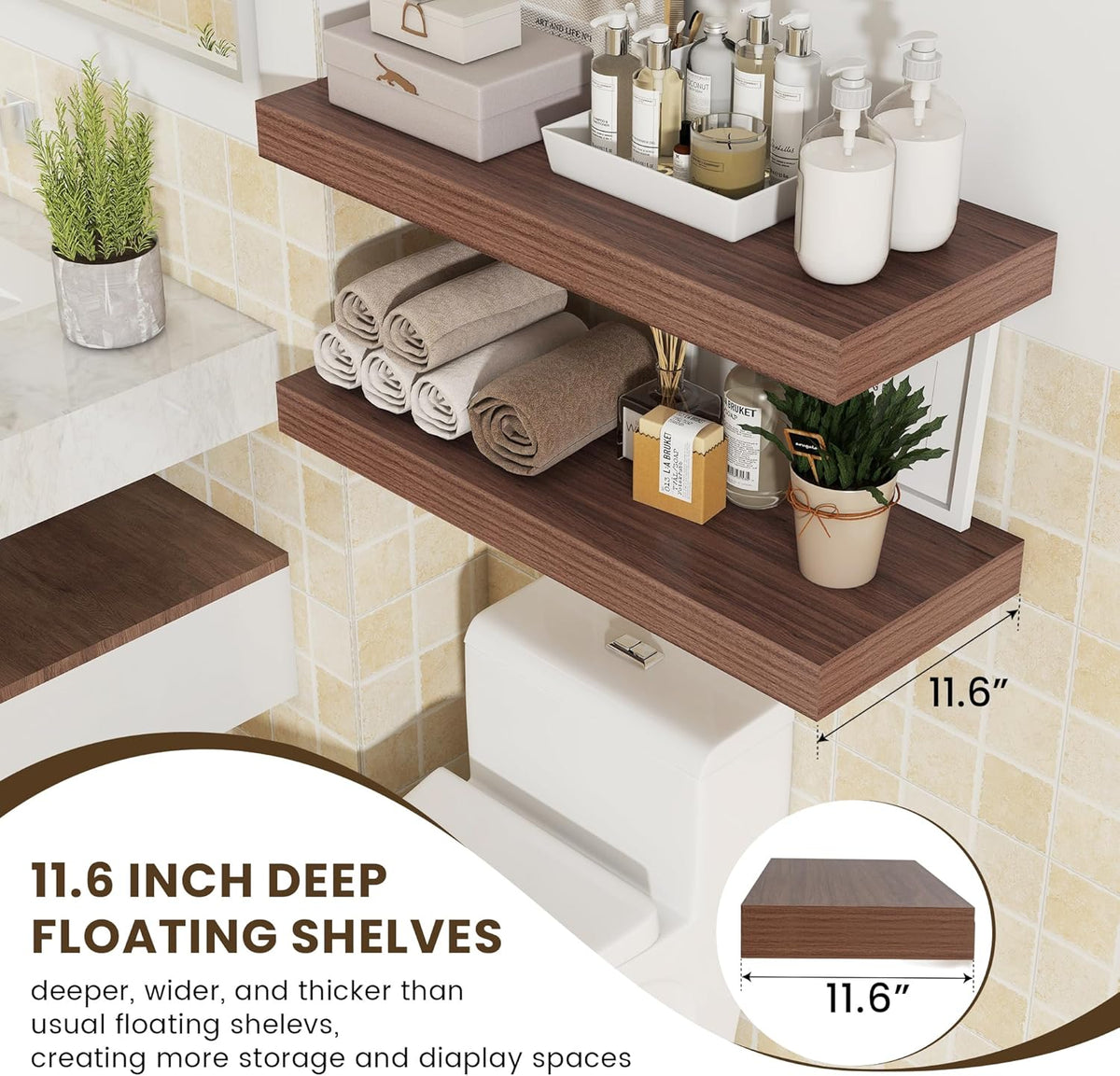 Deep Floating Shelves for Wall | 12 Inch Deep Floating Shelves 30 Inches Long Set of 2 | Rustic