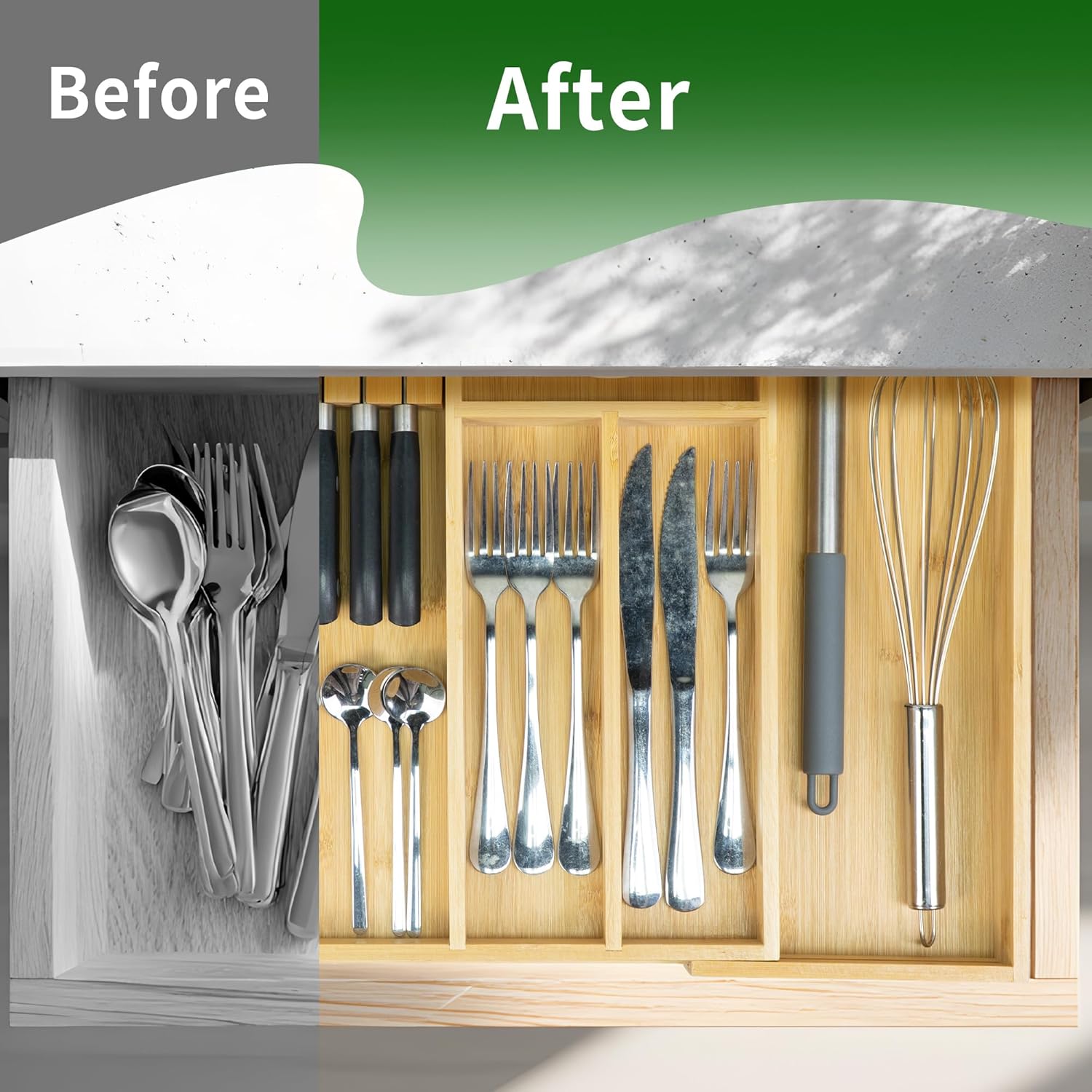 VaeFae Bamboo Kitchen Drawer Organizer, Wooden Utensil Tray with Multiple Compartments, Cutlery and