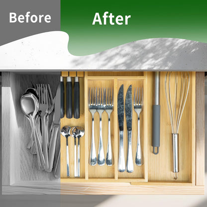 VaeFae Bamboo Kitchen Drawer Organizer, Wooden Utensil Tray with Multiple Compartments, Cutlery and