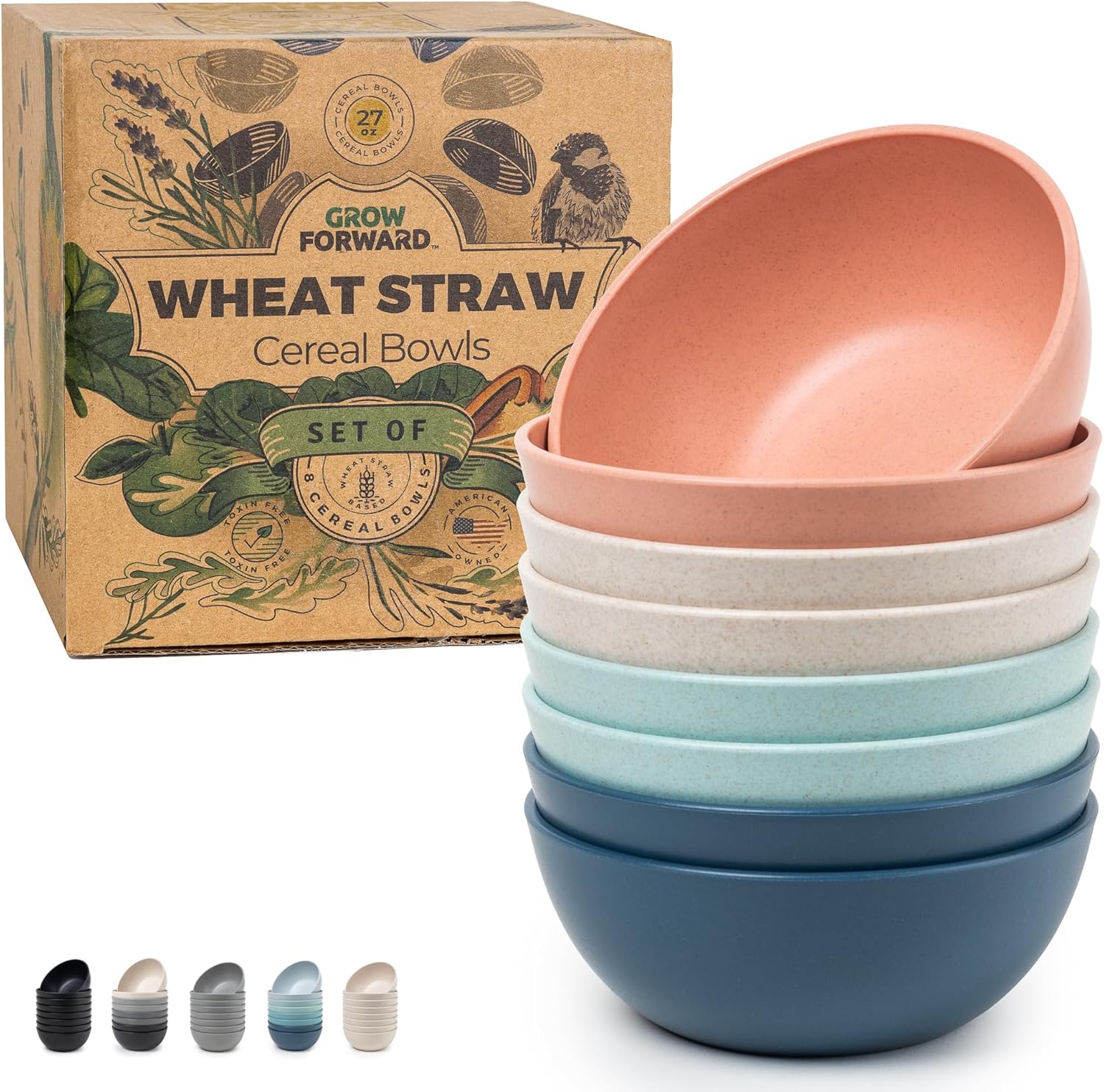 Grow Forward Premium Wheat Straw Bowls - 27oz Microwave Safe Plastic Cereal Bowls Set of 8 for