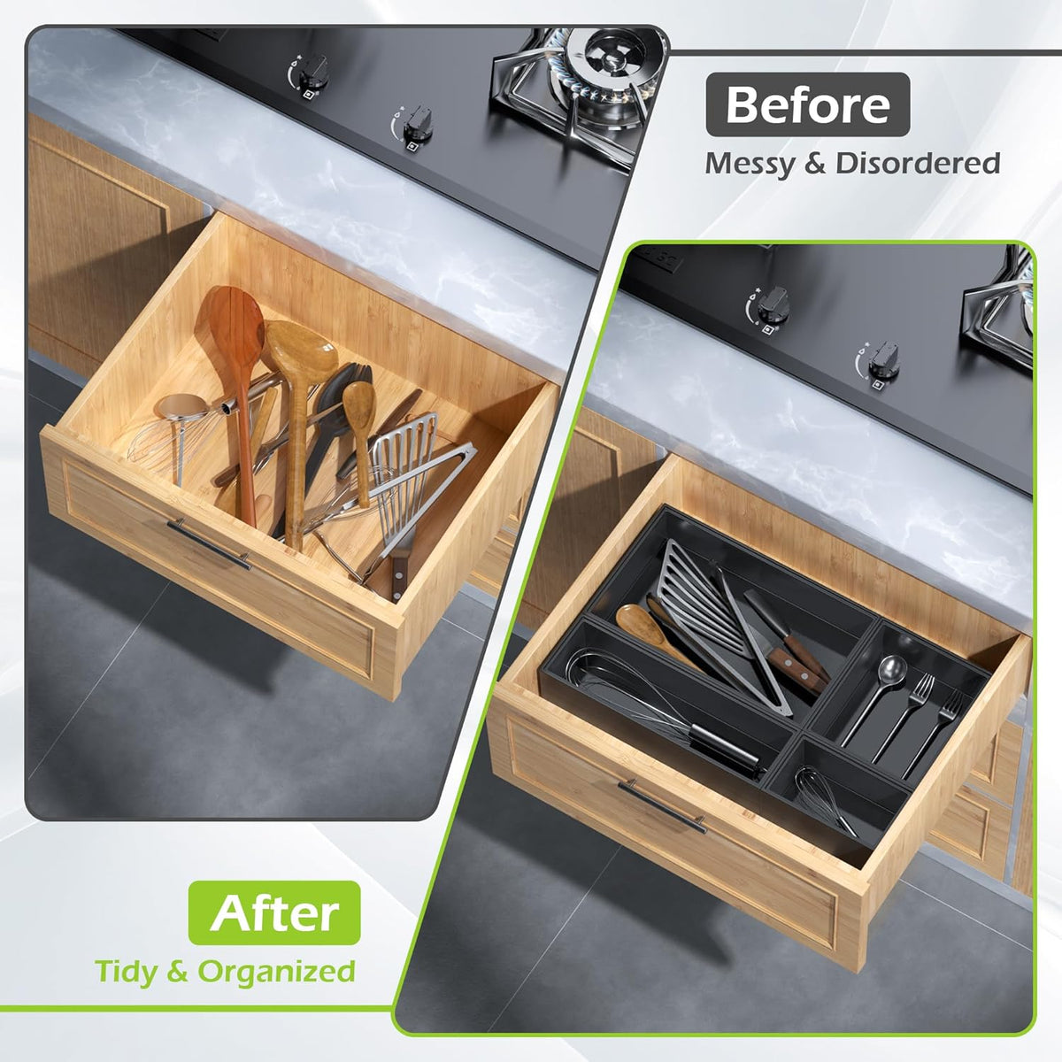 Bathroom Drawer Organizer Trays, Bamboo Drawer Organizer Kitchen Utensils Silverware Organizer, 8
