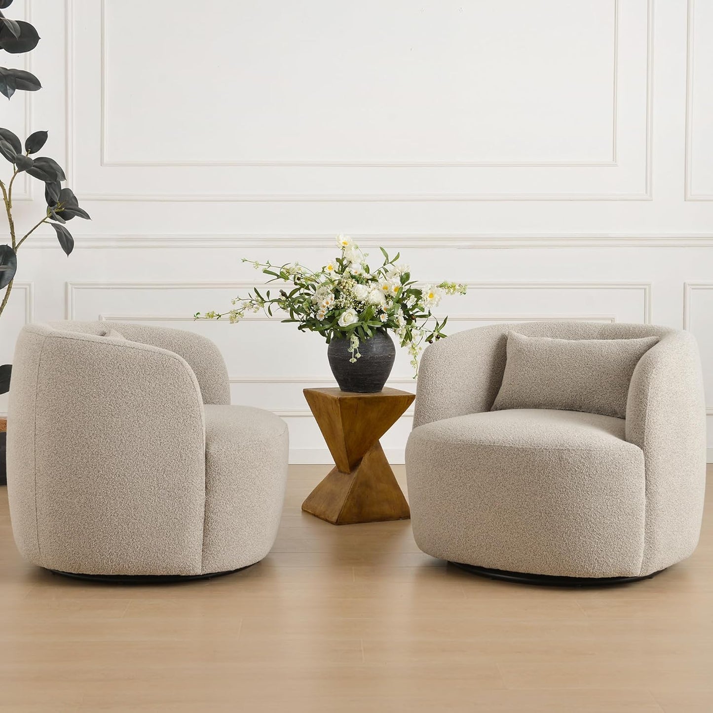 KINWELL 34" Wide Sherpa Swivel Barrel Chairs Set of 2, No Assembly Round Boucle Upholstered Accent