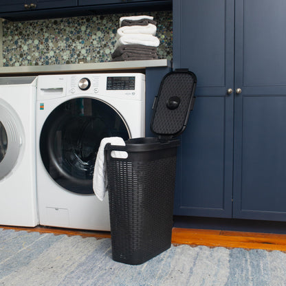 Mind Reader Slim Laundry Hamper with Lid, 40L Clothes Basket, Narrow Tapered Design with Ventilated