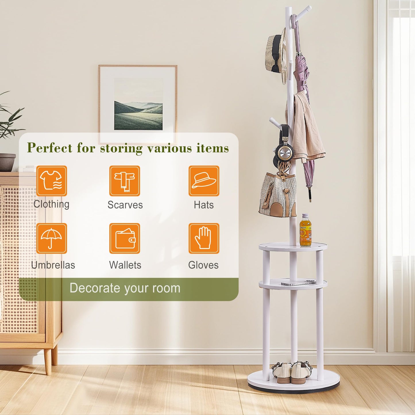VECELO Coat Rack Freestanding, Entryway Hanger Stand, Umbrella Holder, Hall Tree With Hooks, Floor