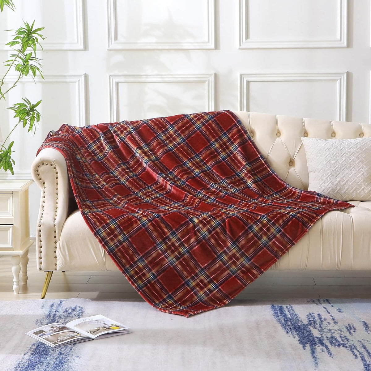 MERRYLIFE Dark Red Plaid Throw Blanket Decorative Fleece Throw | Ultra-Plush Colorful | Couch