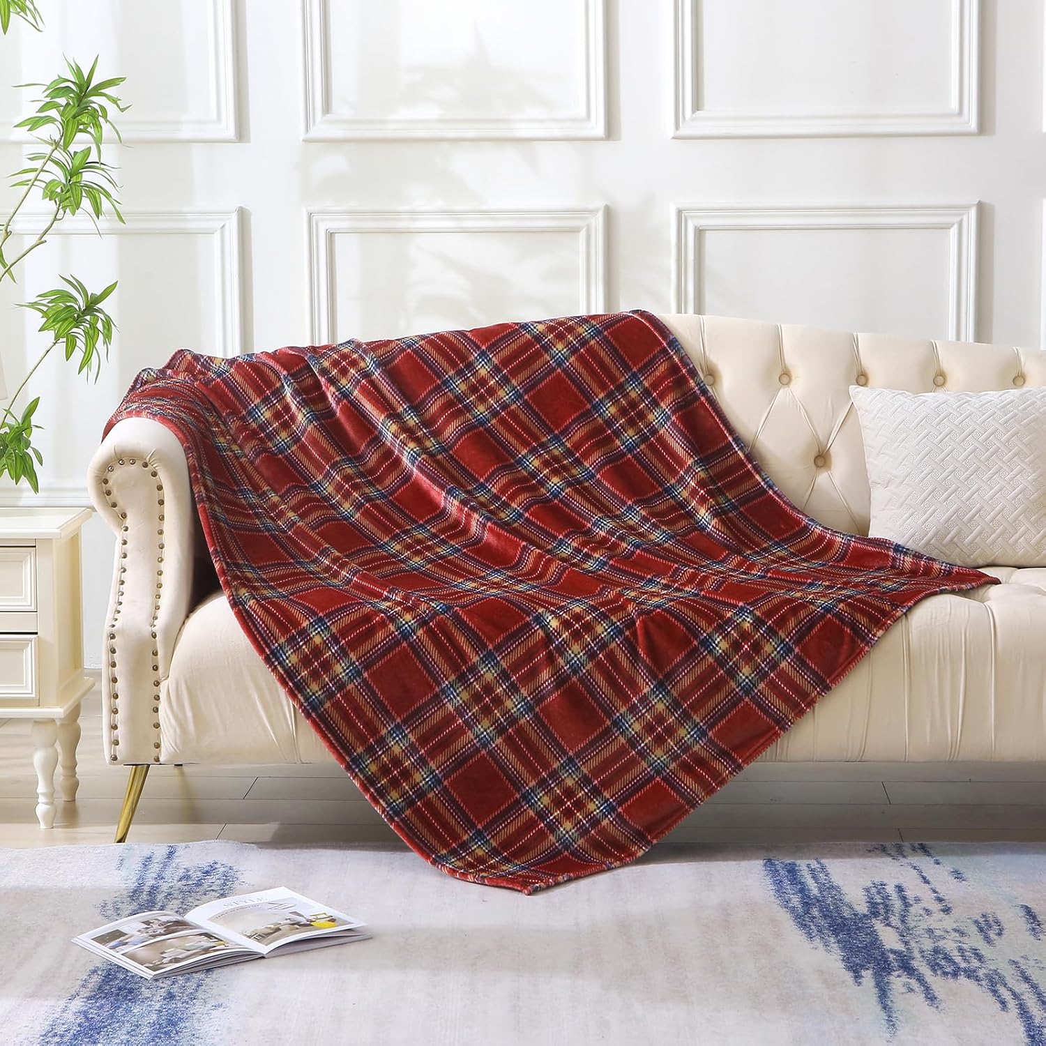 MERRYLIFE Dark Red Plaid Throw Blanket Decorative Fleece Throw | Ultra-Plush Colorful | Couch