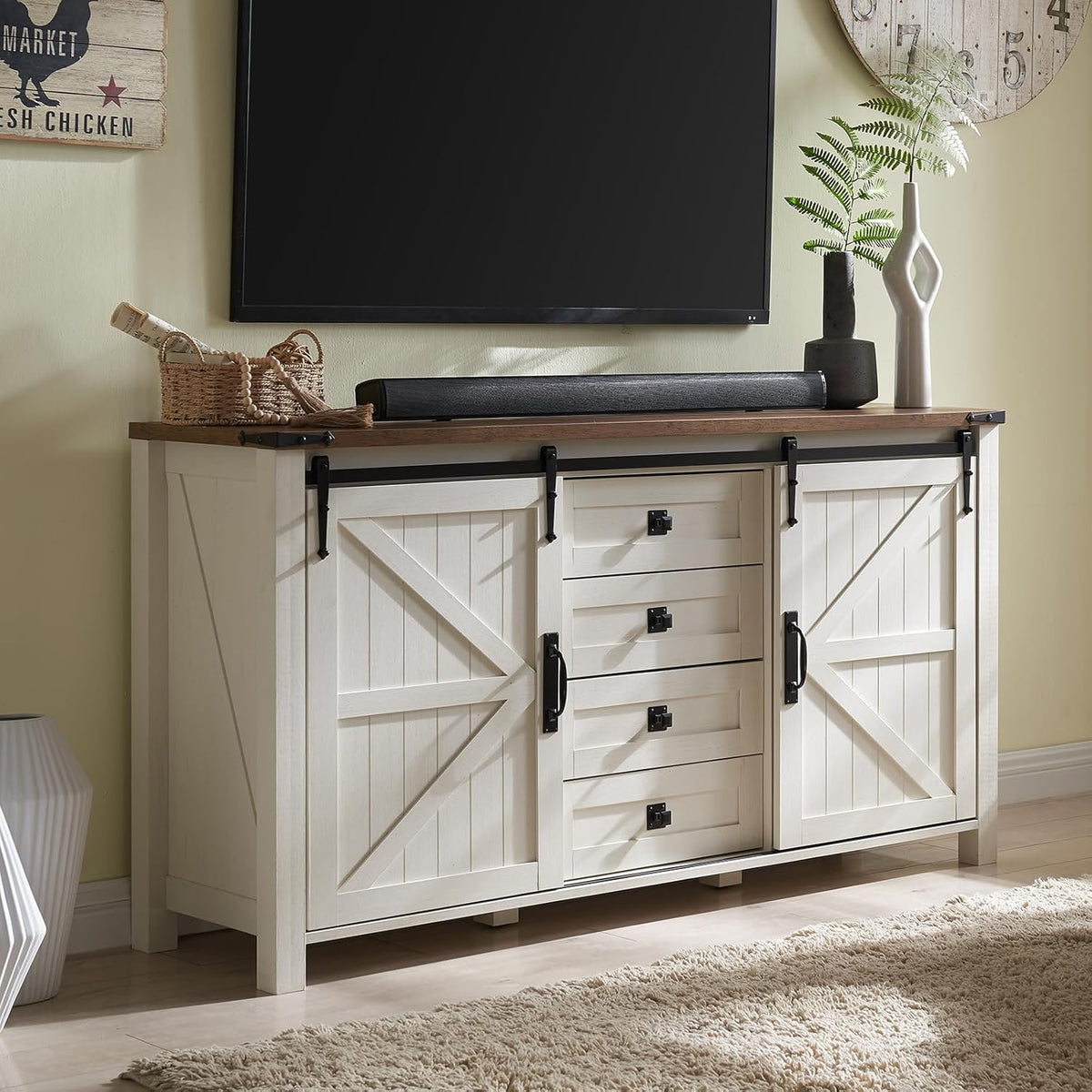 T4TREAM 60'' Farmhouse Dresser Chests for Bedroom w/4 Drawers & Sliding Barn Doors, Tall Chest of