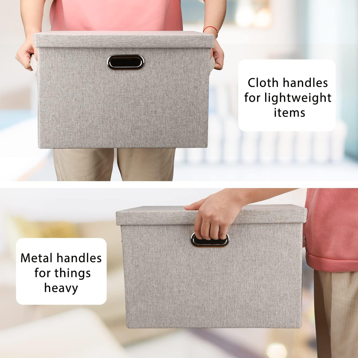 Large 17" 36 Quart Collapsible Stackable Storage Bins with Lids, 3 Packs Beige Linen Fabric Closet